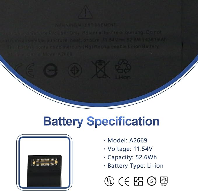 WISTAR A2669 A2681 Laptop Battery Replacement for MacBook AIR 13" M2 2022 661-26150 MLY33LL/A MLY43LL/A 11.54V 52.6Wh