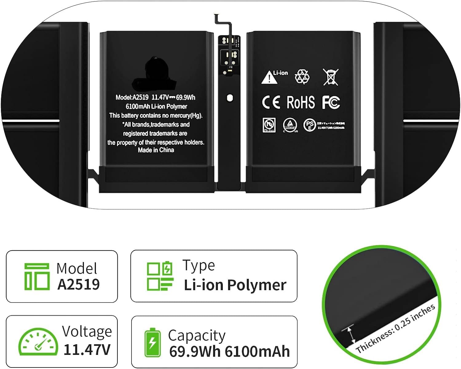  A2442 Battery, Egoway A2519 Laptop Battery for MacBook Pro 14 inch (Late 2021), Replacement Battery A2442 EMC3650