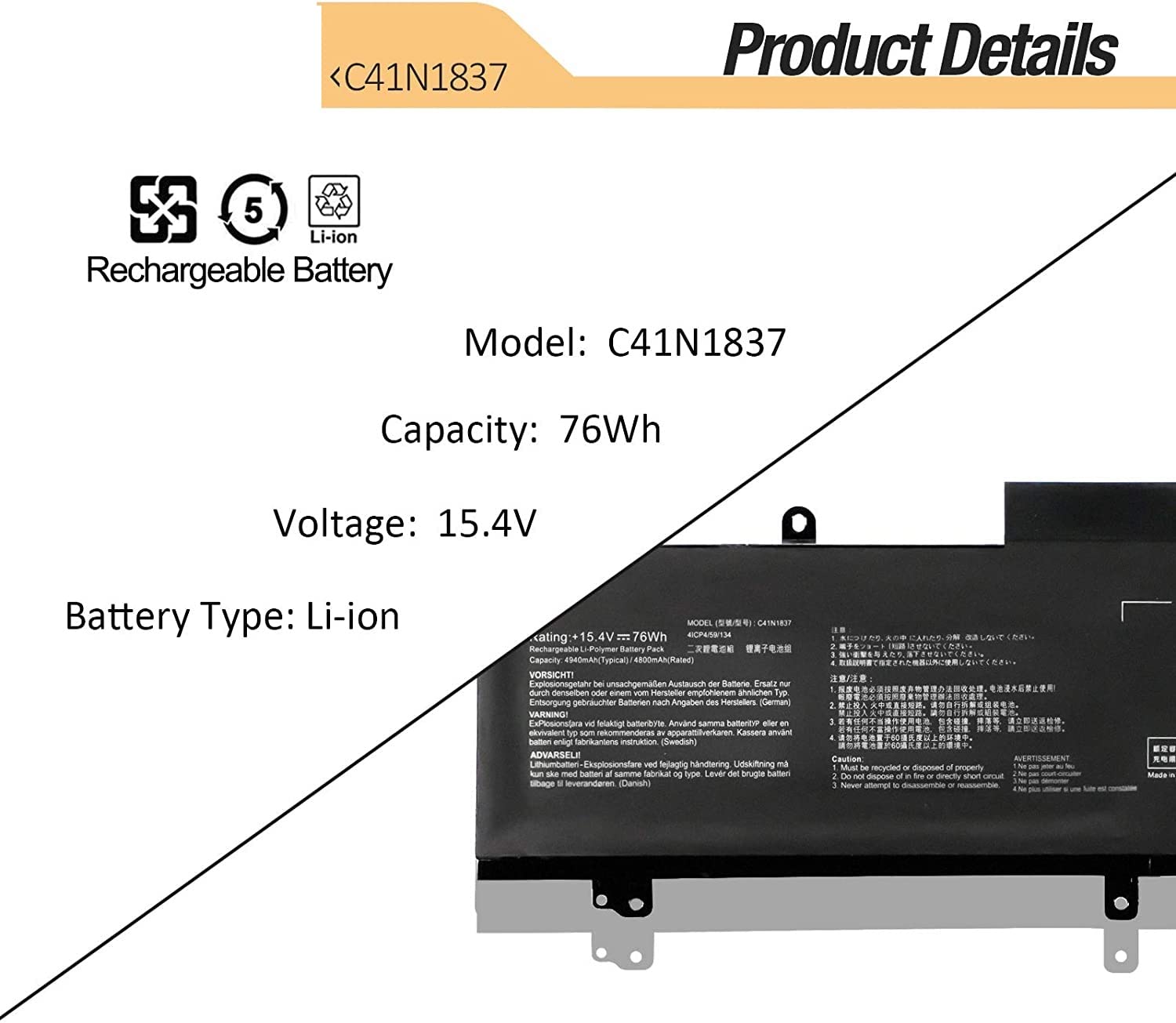 C41N1837 Laptop Battery Replacement for ASUS ROG Zephyrus GA502 GA502D GA502DU GA502GU GA502IV GU502 GU502DU GU502GV GU502LU GU502LW GU502LV GX502LXS GX502GV GX502GW GU532 GX532 GX532GV GX532GW