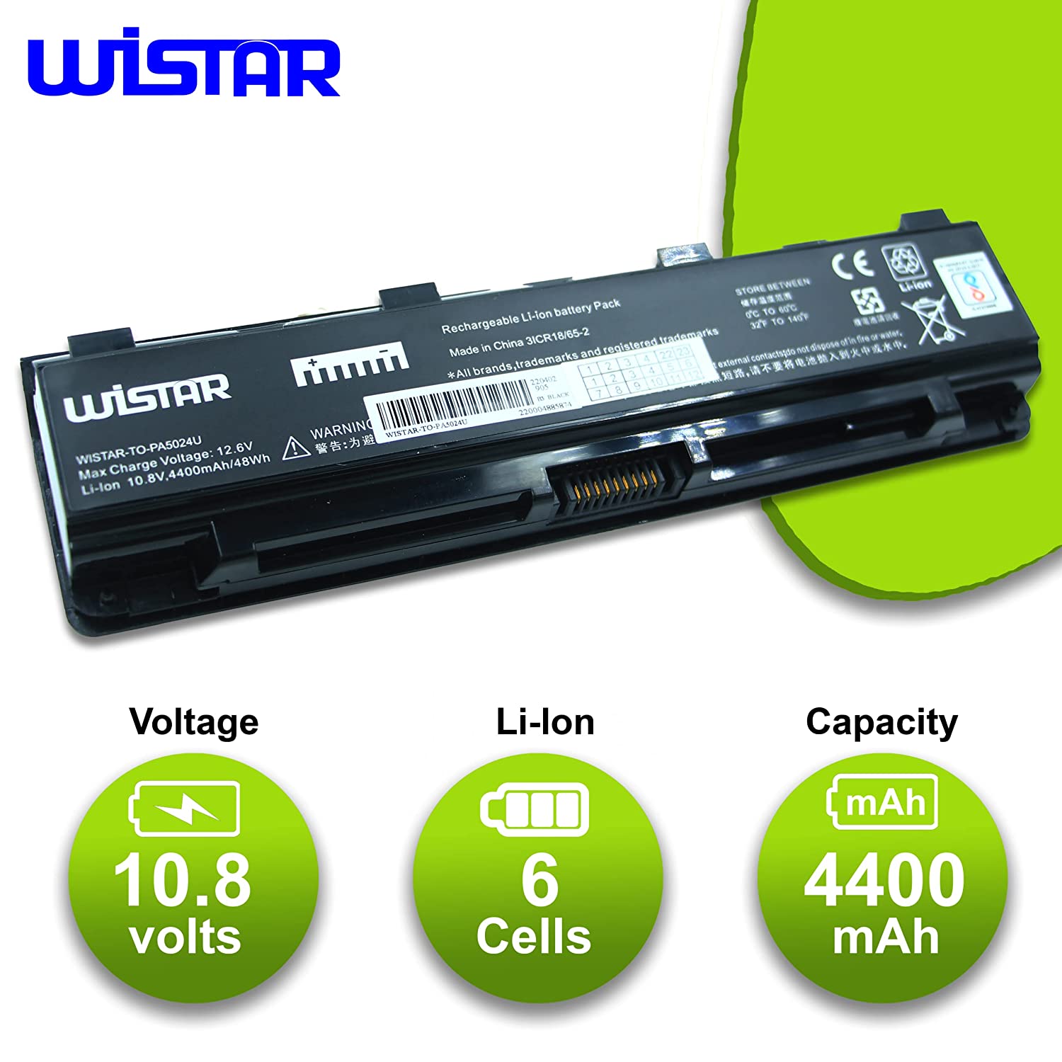 WISTAR 6Cell Laptop Battery for Toshiba Satellite C800 C805 C840 C845 C850 C855 C870 L800 L805 L830 L840 L845 L850 M800 P800 PA5024U-1BRS Series Black