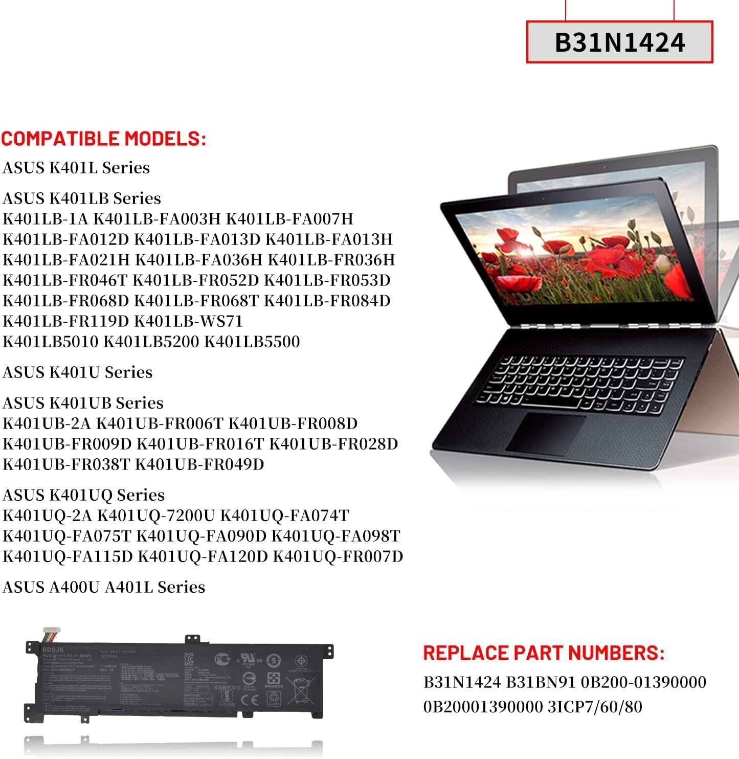 B31N1424 Laptop Battery for Asus K401L A401L K401LB K401LB5010 K401LB5200 K401LB5500 A400U K401U K401UB K401UQ Series 0B200-01390000 11.4V 48Wh