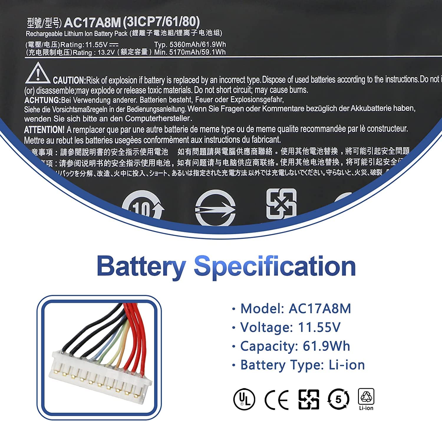 WISTAR AC17A8M Laptop Battery Compatible for Acer Spin 3 SP314-52 SP314-52-331FP SP314-52-359F 3389 TravelMate X3 TMX3310-M X3410-MG X3410-M-51XY X3410-MG-566U Series 3ICP7/61/80