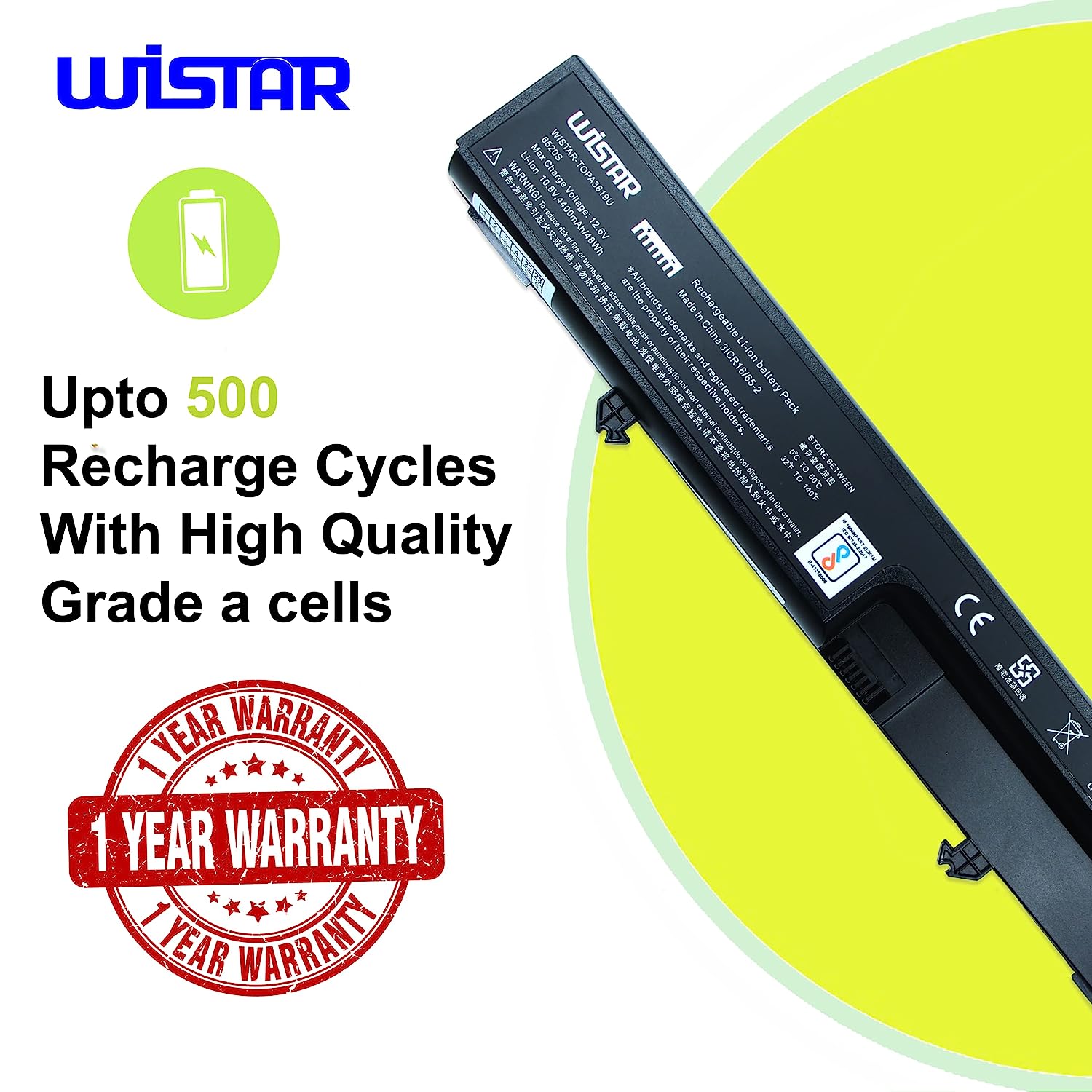 WISTAR Laptop Battery 6520 Compatible for HP Compaq 510, 511, 515, 540, 541, 6520S, 6520P Business Notebook 6520S, 6530S, 6531S, 6535S